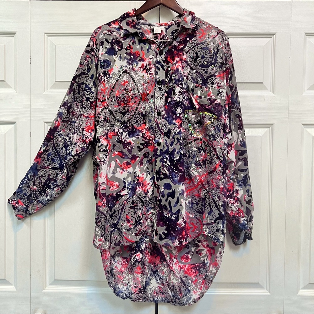 VTG Y2K Ana Mori Indonesian Batik Blouse with Sequins XXL long Sleeve Shirt